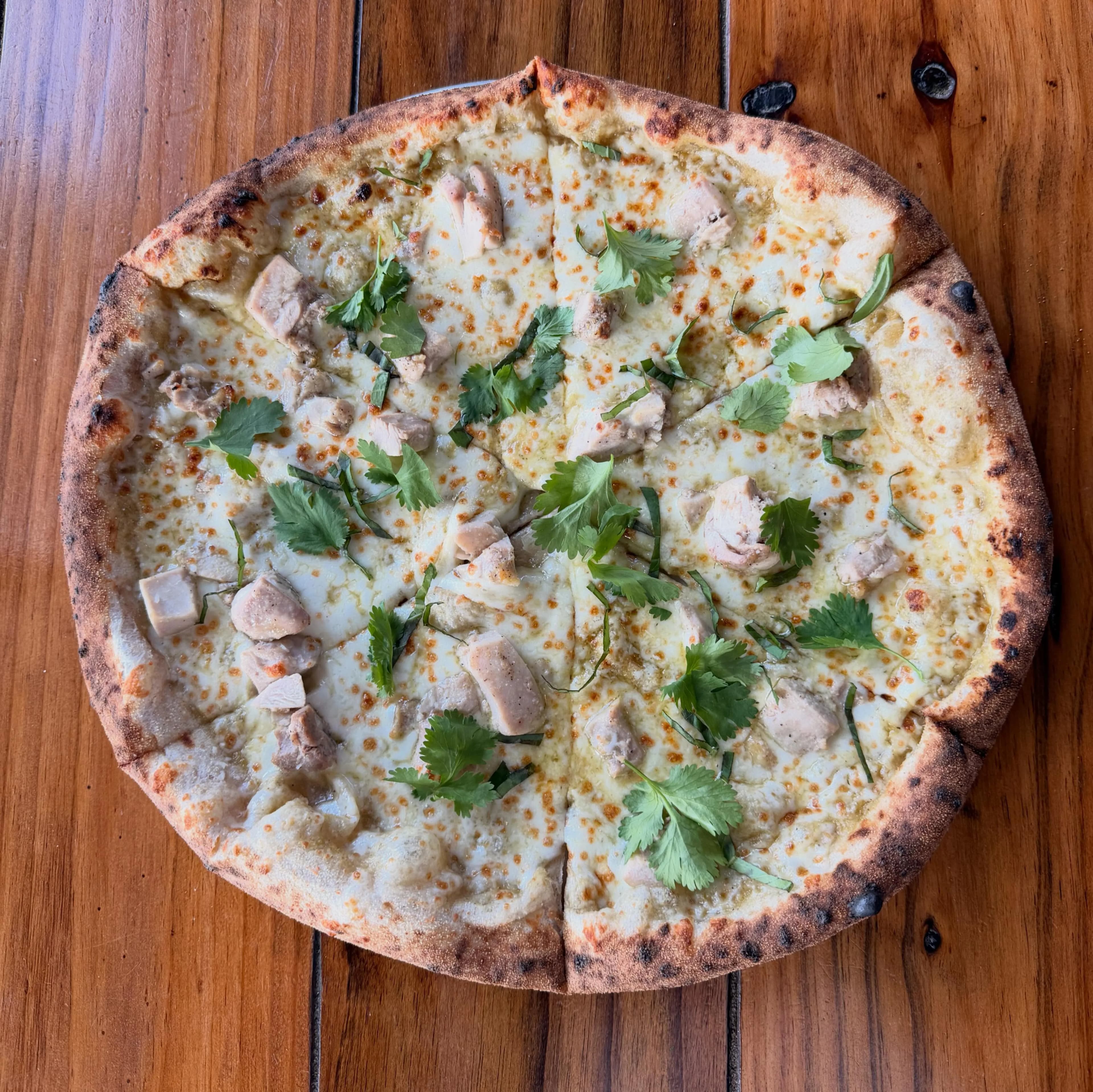 Thai green curry, mozzarella, chicken, Thai basil, cilantro