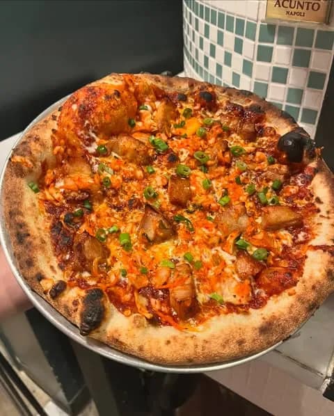 Gochujang base, mozzarella, kimchi, Pork Belly, green onion.