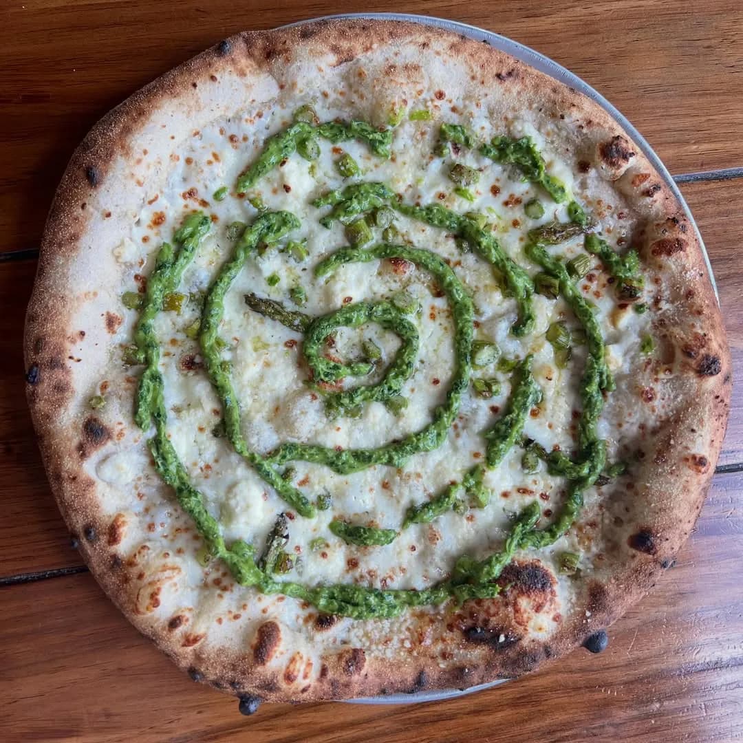 Olive oil, mozzarella, feta, roasted asparagus, Italian salsa verde.